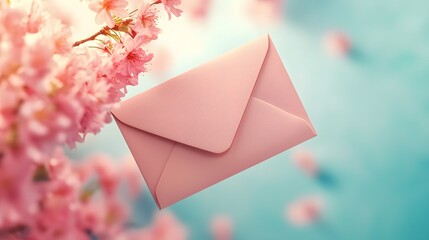 Soft Pink Envelope Surrounded by Cherry Blossom Petals