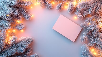 Festive Pink Card Surrounded by Frosted Pine Branches and Lights