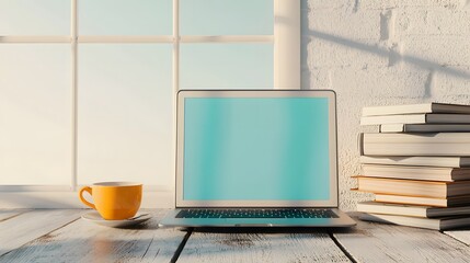 Cozy Workspace with Laptop, Cup, and Books by a Bright Window