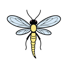 Dragonfly illustration with light blue wings and yellow body. Symmetrical pose against a plain white background.