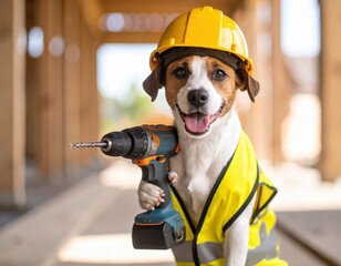 A black dog wearing a yellow construction helmet and safety vest stares directly at the camera against a dark background. Worker canine in bright gear looks at you on black.