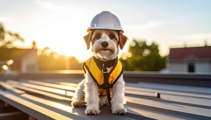 A black dog wearing a yellow construction helmet and safety vest stares directly at the camera against a dark background. Worker canine portrait dark backdrop bright gear direct gaze.