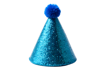A bright blue glitter party hat with a fluffy pompom on top, perfect for birthdays and celebrations, isolated on a transparent background