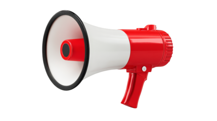 Striking red and white megaphone on a white background, visual representation of communication