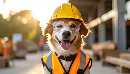 A black dog wearing a yellow construction helmet and safety vest stares directly at the camera against a dark background. Worker canine portrait dark backdrop bright gear direct gaze.