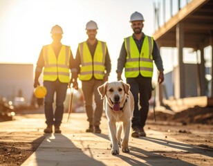 A construction crew walks with their dog on a construction site during the daytime with a tennis ball. Building project worker take canine pal to job location for fun outdoor activity play.