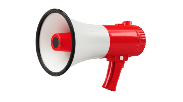 Striking red and white megaphone on a white background, visual representation of communication
