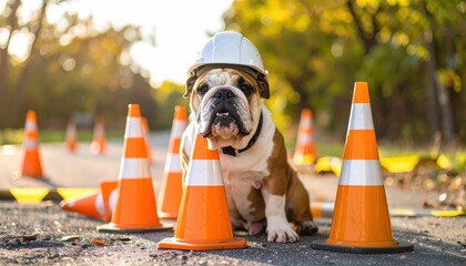 Capturing a selfie with a bulldog in a hard hat amidst safety cones and caution tape. Dog photo op construction zone fun a comical animal picture with work site gear for web content.