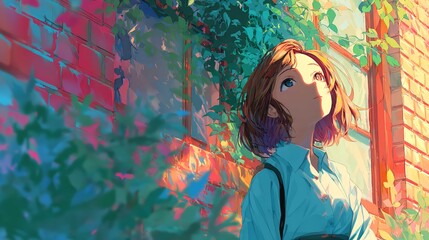 A young girl dreamily gazes upwards toward a sunny sky embraced by the beauty of nature and the wonder of her