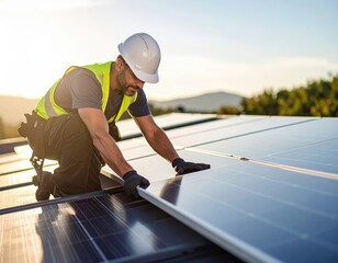 Construction Worker Safely Working on Roof Structure with Hardhat. Ensure safety protocol at height builder secure wear protective gear on rooftop frame.