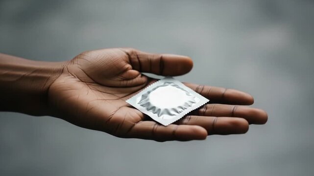 Cartoon dark hand holding unopened condom. Suitable for sexual health, contraception, safe sex, education, and relationships communication resources.