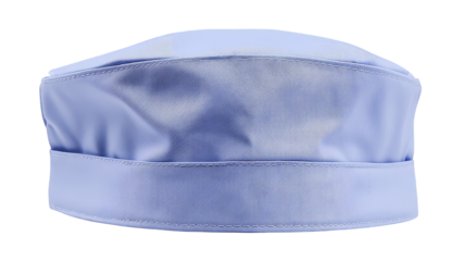A light blue, flat-top chef's hat, also known as a skull cap or toque, typically worn by culinary professionals for hygiene and style in a professional kitchen setting.