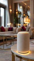 Smart speaker on side table in luxury hotel lobby
