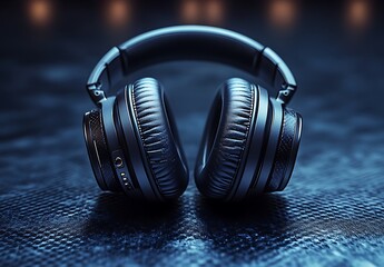 Black Wireless Headphones on Textured Blue Surface in Dim Light

