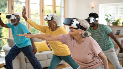 Seniors Enjoying Immersive Virtual Reality Experience Together at Home, Active and Engaged in a New Dimension of Entertainment.