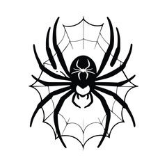 Spider with web in silhouette graphic design. Stationary arachnid positioned in a circular web design against a blank background. Nature-themed graphic art illustration -