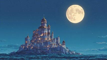 A majestic castle bathed in moonlight rising from the coast under the watchful eye of a radiant full moon against the