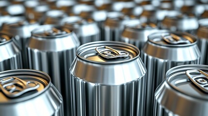Close-up view of aluminum beverage cans with pull-tabs arranged in neat rows for drink packaging and branding concepts.