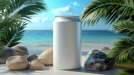 White blank bottle on tropical beach setting with natural stones and palm leaves for skincare or beverage branding concept.