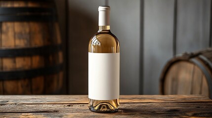 White wine bottle with blank label on rustic wooden barrel background for alcoholic beverage packaging mockup design.