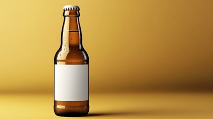 Brown beer bottle with blank label standing against vibrant yellow background for drink branding and packaging concept.