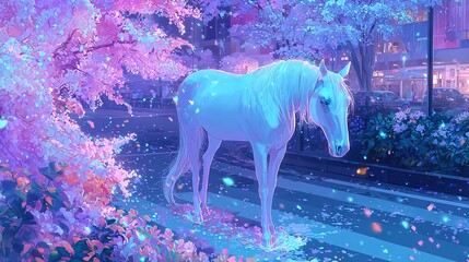 A serene horse bathed in ethereal light wanders through an enchanting city park blanketed in blooming sakura and neon