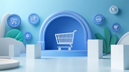 Blue digital e-commerce concept with shopping cart icon and abstract 3D platform for online retail and technology theme.
