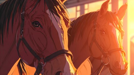 Two majestic chestnut horses bathed in golden sunlight awaiting the race with patient anticipation and a glimmer of hope