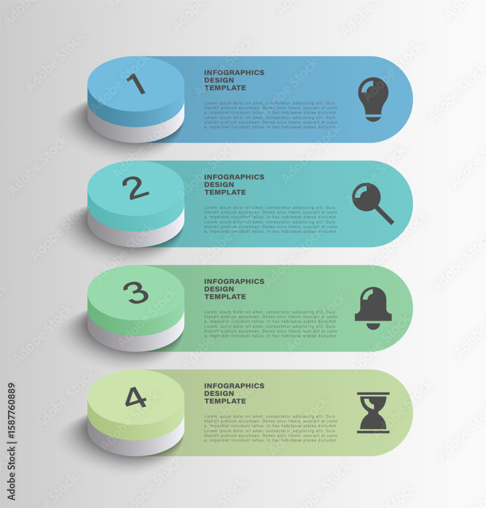 Aufkleber buttons 3d vector infographic template. vertical layout with 4 steps and icons