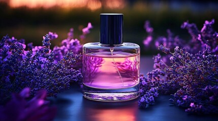 Purple glass perfume bottle surrounded by lavender flowers under dramatic lighting for luxury fragrance branding.