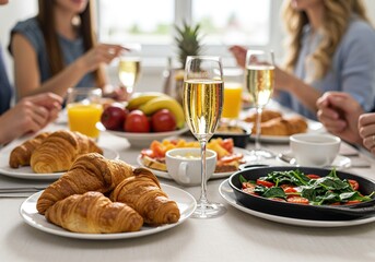 Festive brunch table with croissants, fruit, and champagne flutes