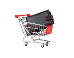 Miniature chrome shopping cart with red accents carrying a closed black and brown leather wallet.