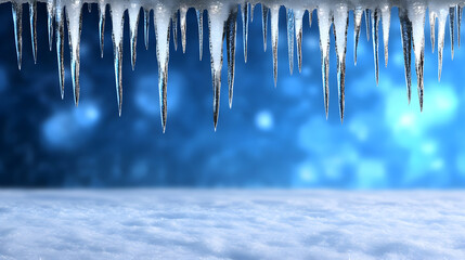 Blue Snowy Background with Hanging Icicles – Winter Scene with Depth in Daylight
