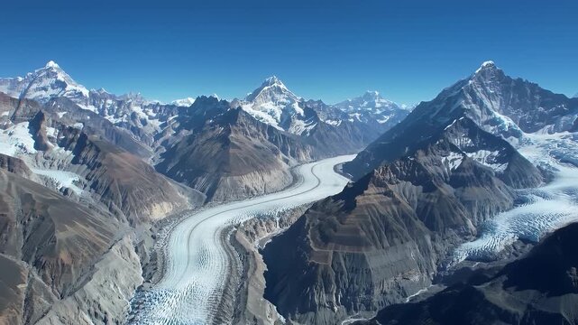 Aerial View of Glacier Valley and Snowcapped Mountain Peaks