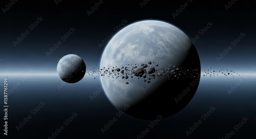 Poster celestial dance at lagrange point - a gas giant and its moon, locked in a gravitational ballet, surr
