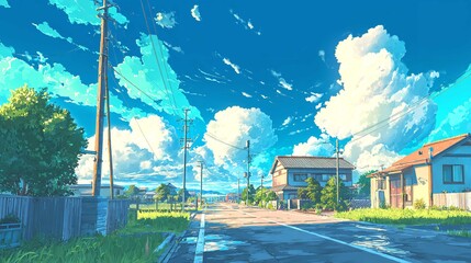 An idyllic Japanese street scene bathed in the soft light with fluffy clouds suggesting the promise of a beautiful day