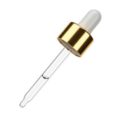 Glass dropper pipette component with metallic golden cap isolated on white background