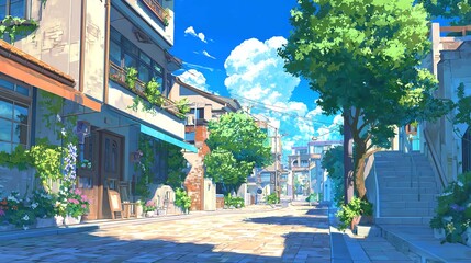 Stepping into a sunny anime cityscape where quiet streets meet vibrant flora inviting contemplation under a bright blue