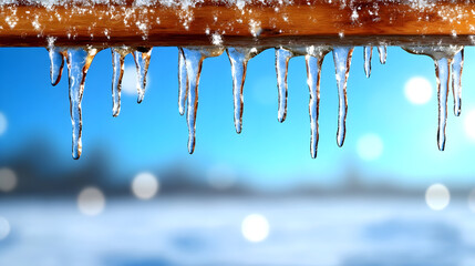 Blue Snowy Background with Hanging Icicles – Winter Scene with Depth in Daylight
