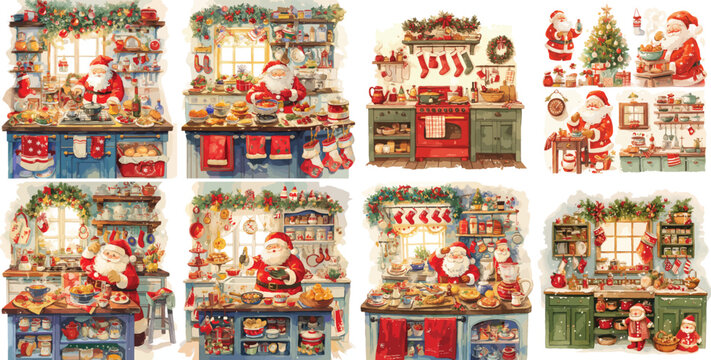 santa kitchen watercolor clipart
