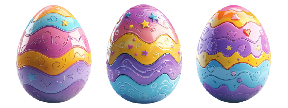 Vibrant Easter egg with embossed patterns of waves, stars, and hearts in pastel colors isolated on white transparent background. Festive holiday decoration concept