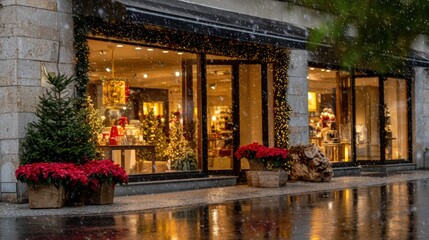 Festive storefront with holiday decorations, poinsettias, and Christmas trees, illuminated in warm light during a gentle snowfall on a wet evening.