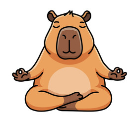 Cute capybara character meditating in a yoga lotus pose. Funny cartoon illustration symbolizing zen, peace, and mindfulness. Perfect vector mascot for a spa, wellness app, or mental health blog. Isola