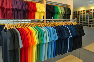 Colorful t-shirts arranged on display in retail store for fashion, shopping, and merchandising visuals