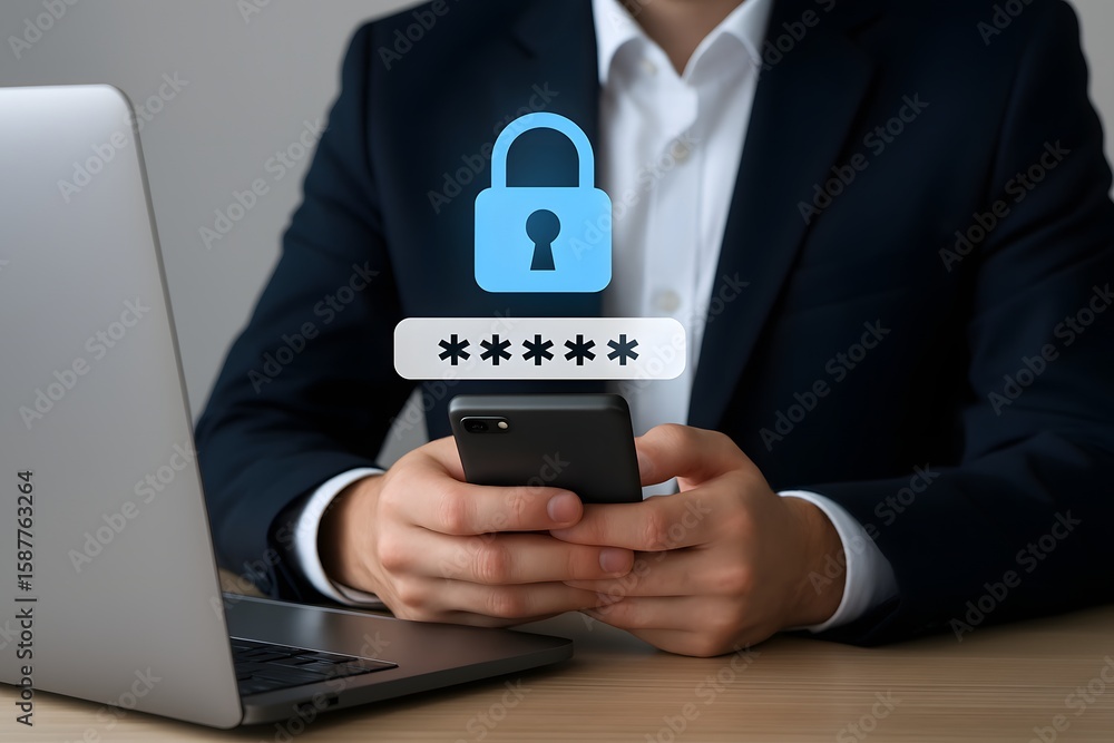 Poster modern cybersecurity concept, businessman entering password on smartphone, emphasizing encrypted dat