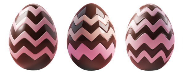 Chocolate Easter egg decorated with pink zigzag pattern, isolated on white transparent background. Festive concept for Easter celebrations