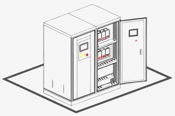 Isometric illustration of an open control panel cabinet displaying interior components and indicators, suitable for various design projects.