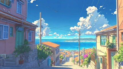 Captivating coastal town street scene evoking summer daydreams framed by vibrant buildings and the endless ocean with