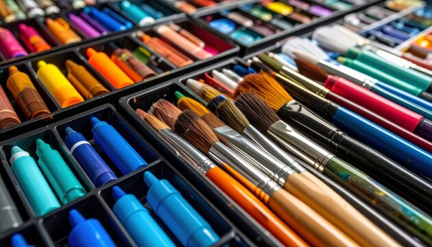 Highlighting diverse art supplies such as brushes, watercolors, or colorful markers  - Powered by Adobe
