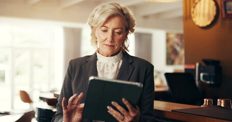 Search, tablet and business woman in airport lounge for conference, check in and email...